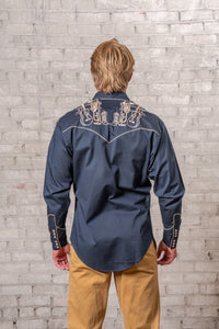 Men’s Navy Guitar, Boot & Hat Embroidered Western Shirt