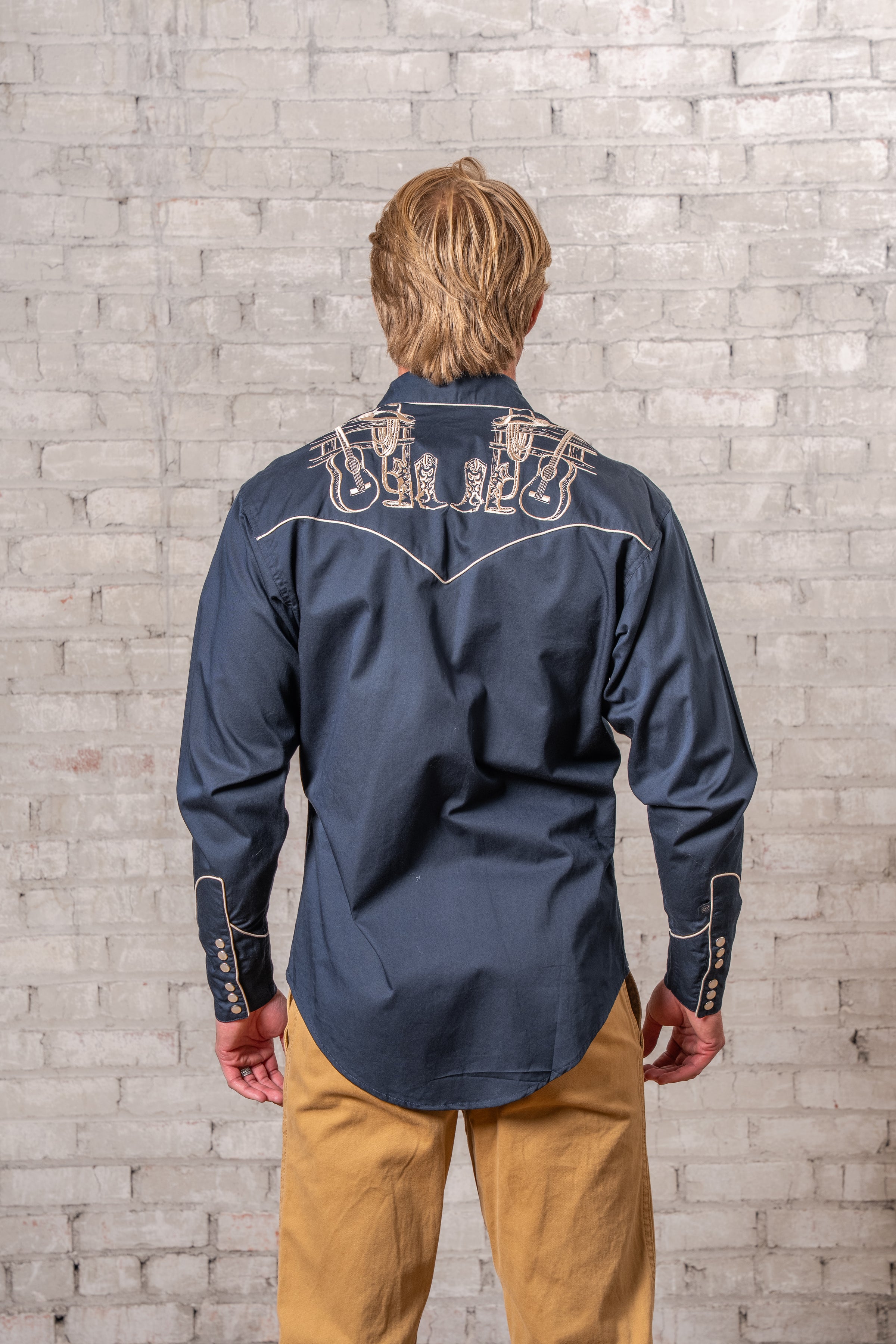 Men’s Navy Guitar, Boot & Hat Embroidered Western Shirt