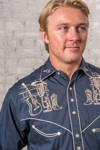 Men’s Navy Guitar, Boot & Hat Embroidered Western Shirt
