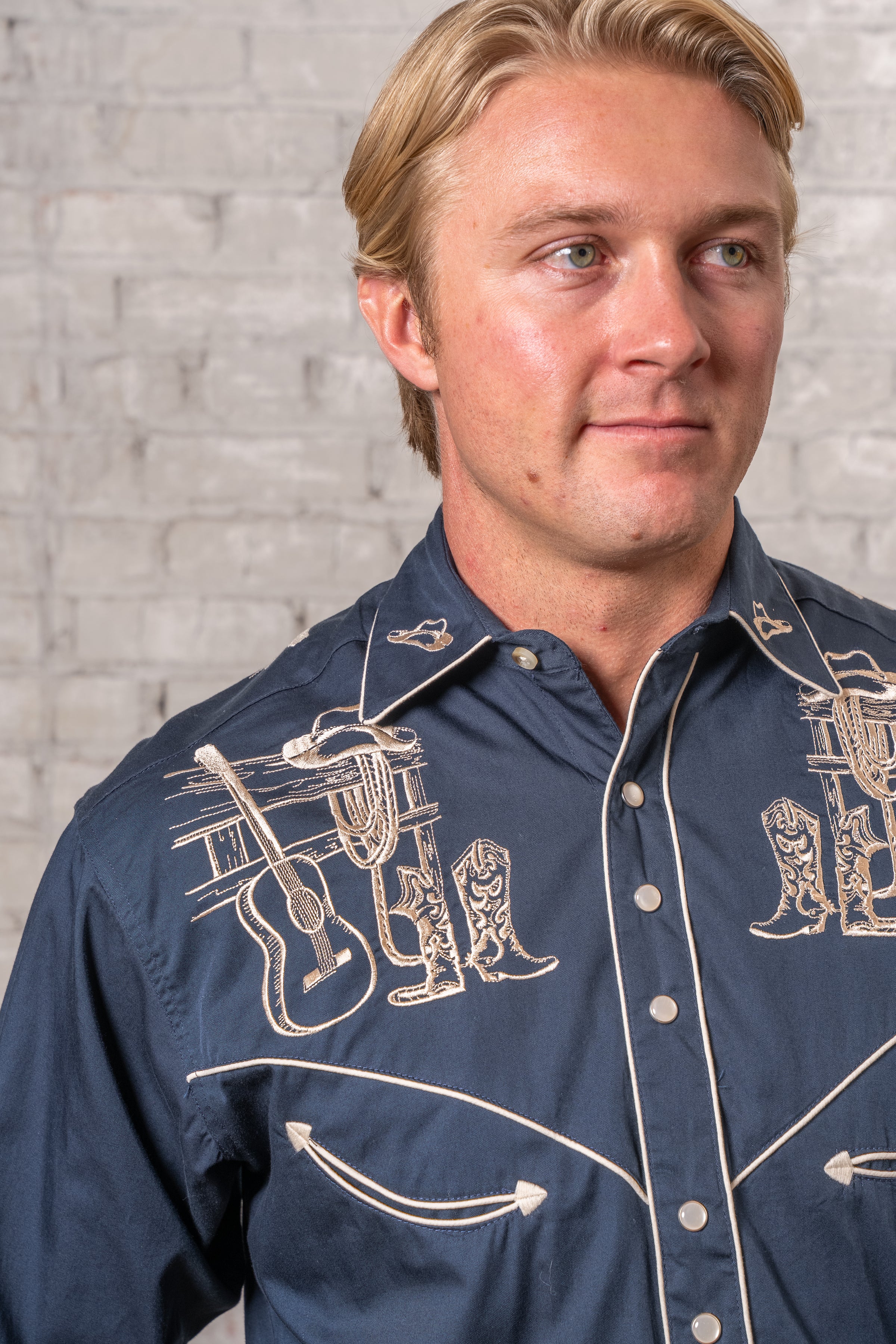 Men’s Navy Guitar, Boot & Hat Embroidered Western Shirt