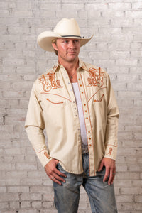 Men’s Khaki Guitar, Boot & Hat Embroidered Western Shirt