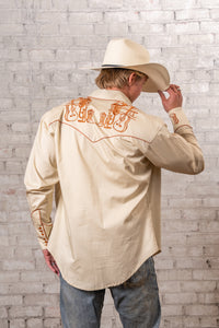 Men’s Khaki Guitar, Boot & Hat Embroidered Western Shirt
