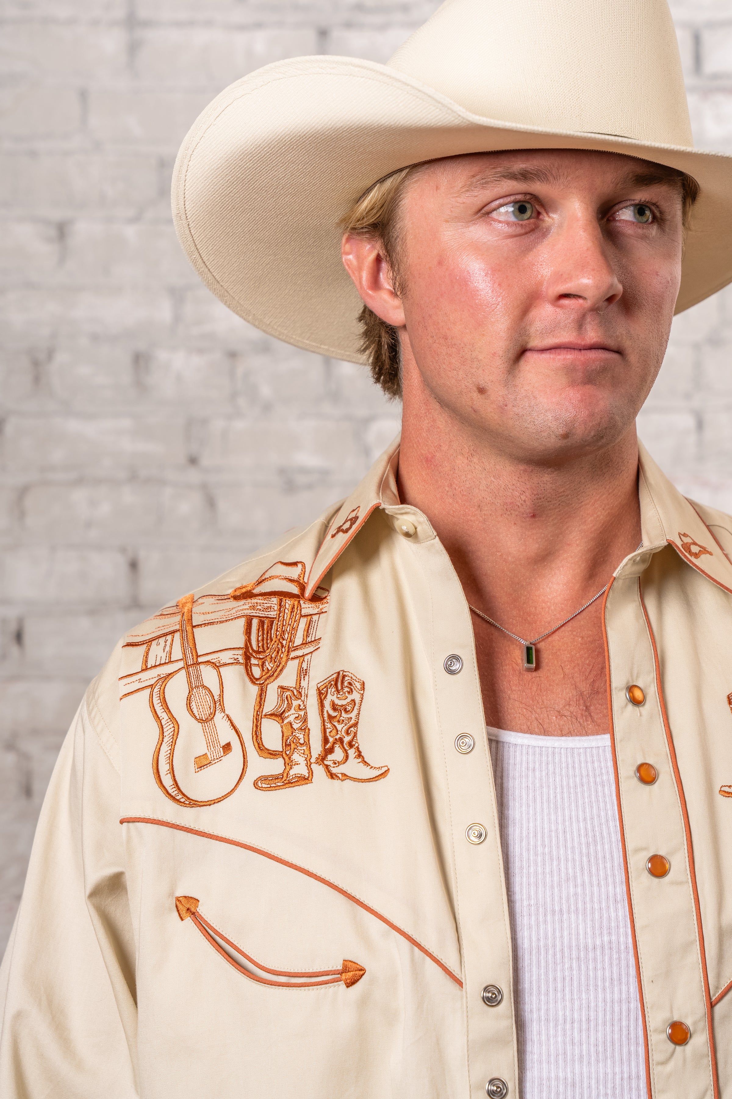 Men’s Khaki Guitar, Boot & Hat Embroidered Western Shirt