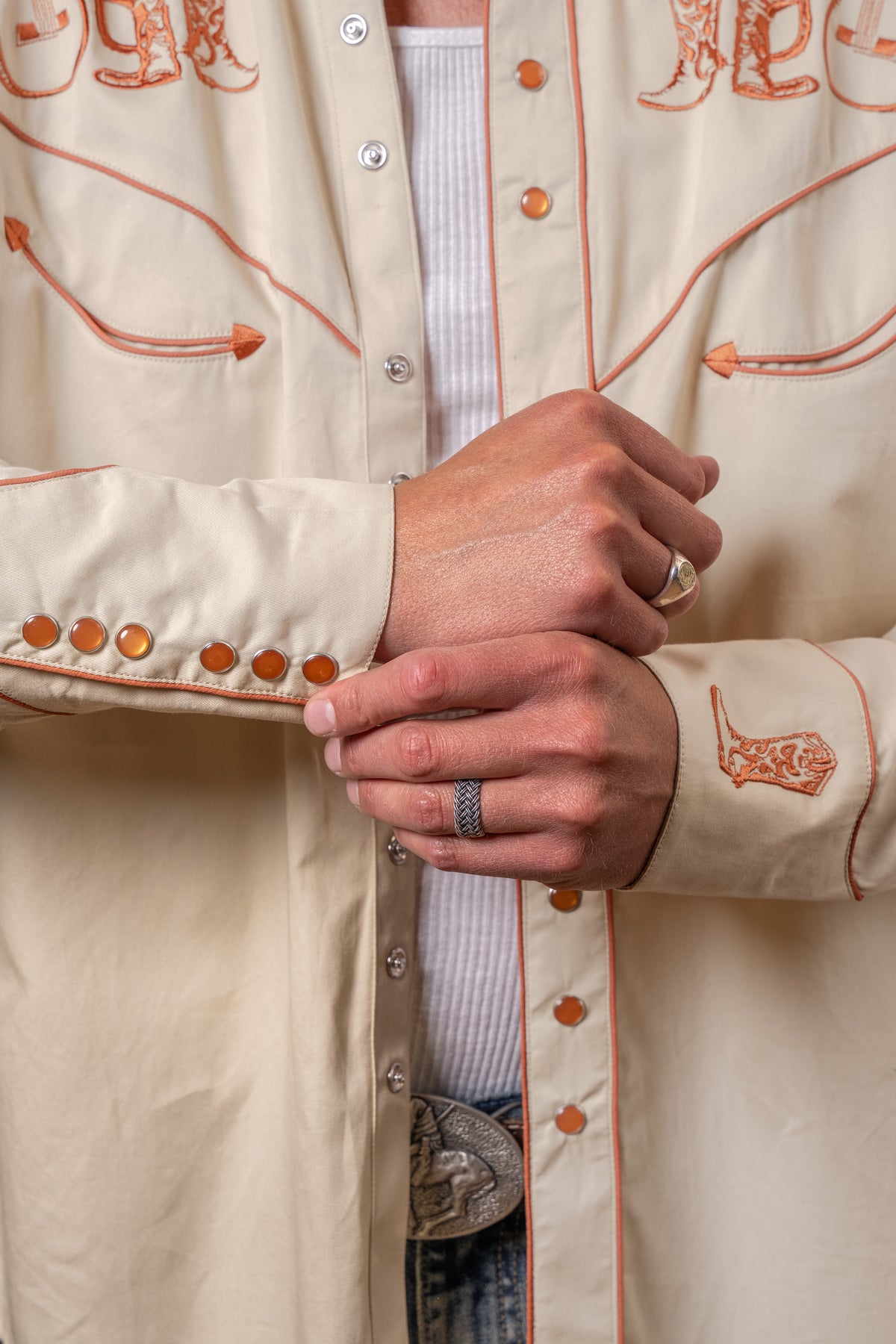 Men’s Khaki Guitar, Boot & Hat Embroidered Western Shirt