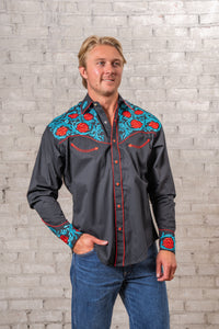 Men’s Vintage Red Floral & Turquoise Embroidered Western Shirt in Black