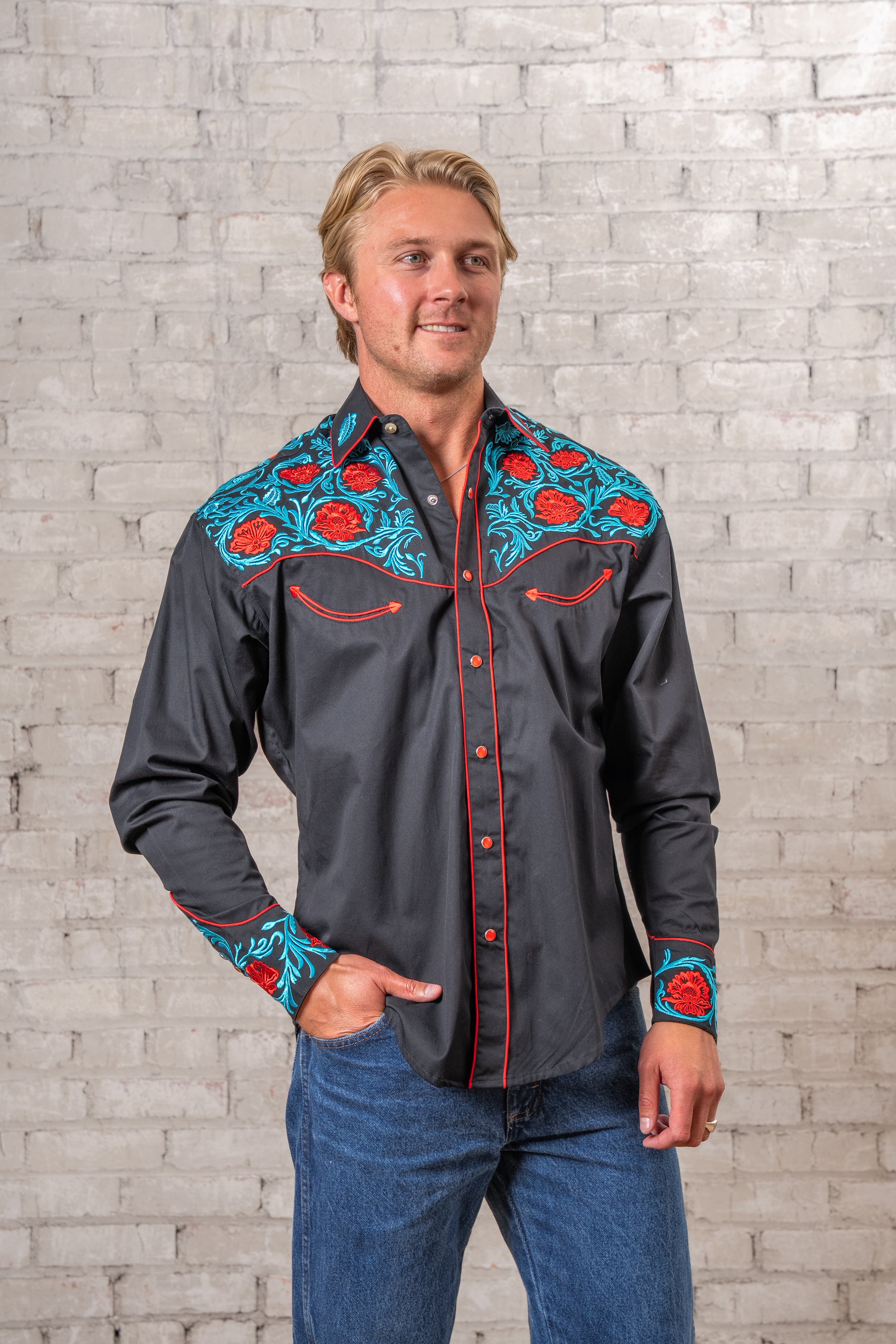 Men’s Vintage Red Floral & Turquoise Embroidered Western Shirt in Black