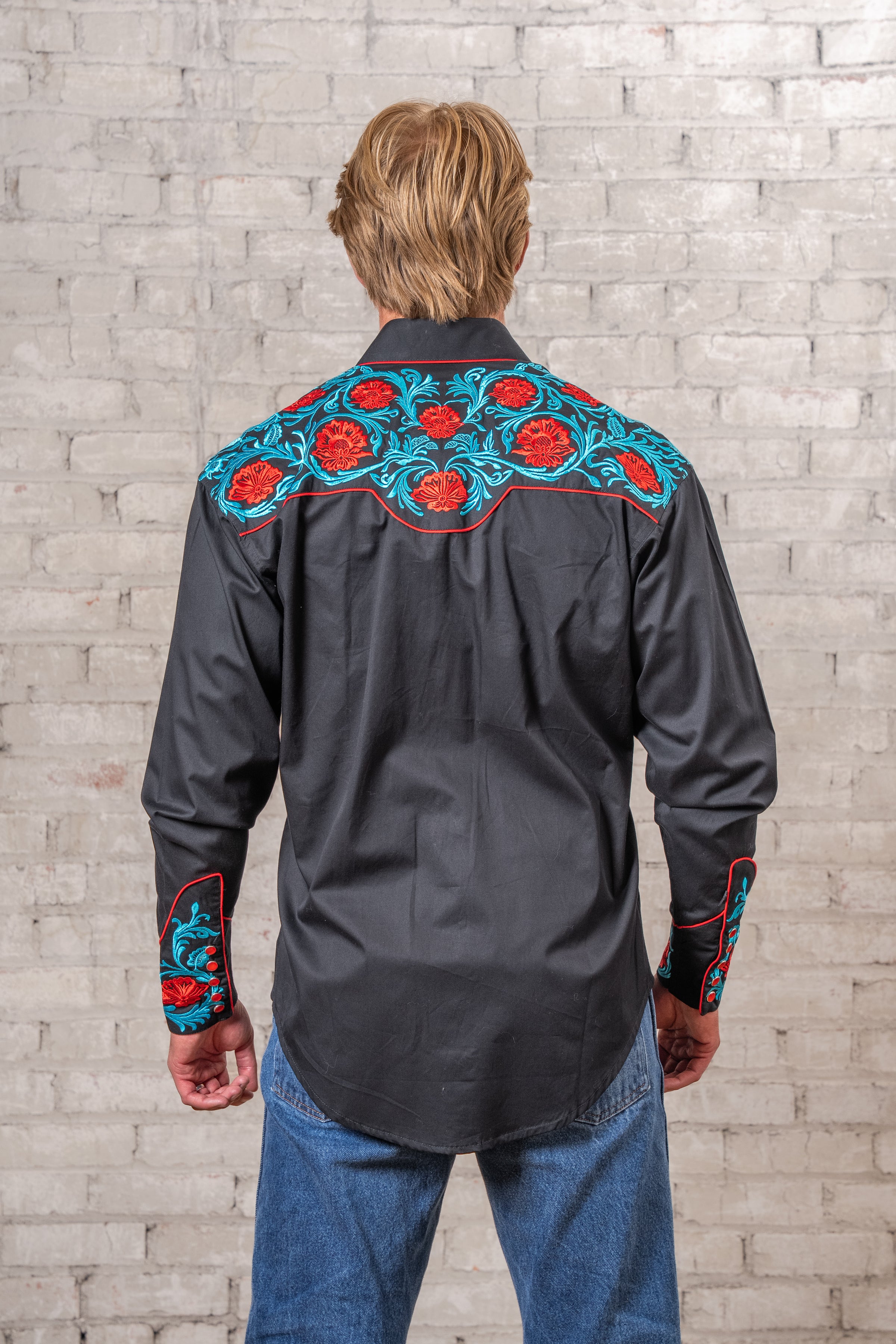 Men’s Vintage Red Floral & Turquoise Embroidered Western Shirt in Black