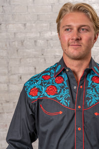 Men’s Vintage Red Floral & Turquoise Embroidered Western Shirt in Black