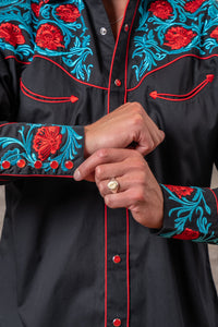 Men’s Vintage Red Floral & Turquoise Embroidered Western Shirt in Black