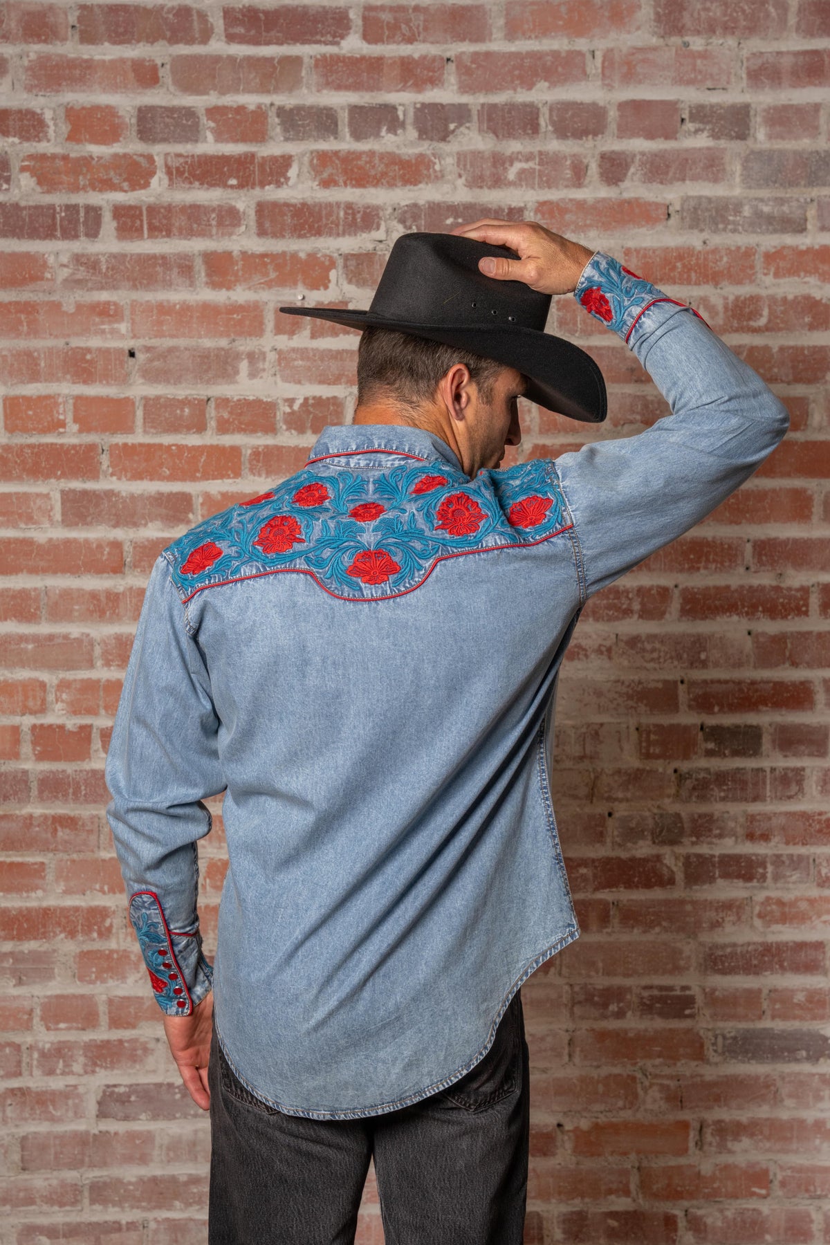 Men’s Vintage Denim Red Floral & Turquoise Embroidered Western Shirt