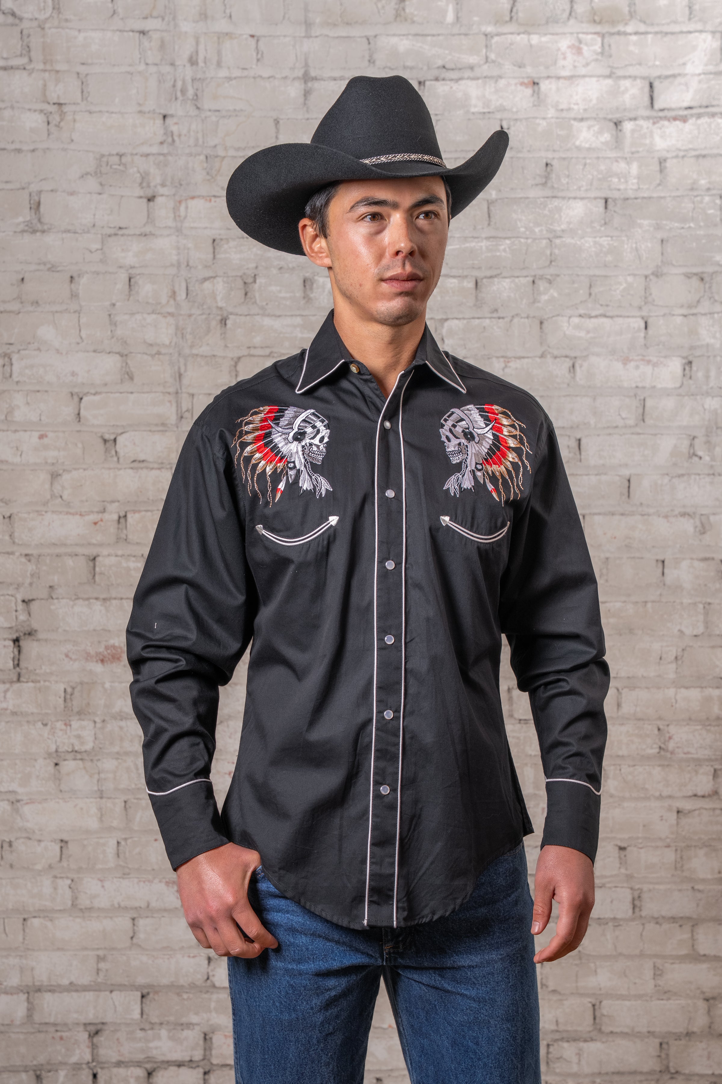 Men’s Chief Skulls Vintage Embroidered Western Shirt