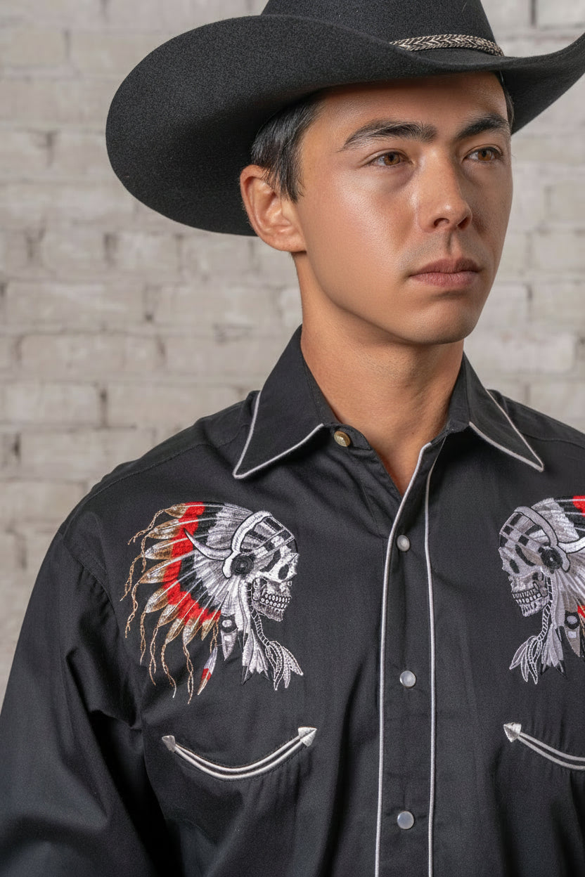 Men’s Chief Skulls Vintage Embroidered Western Shirt