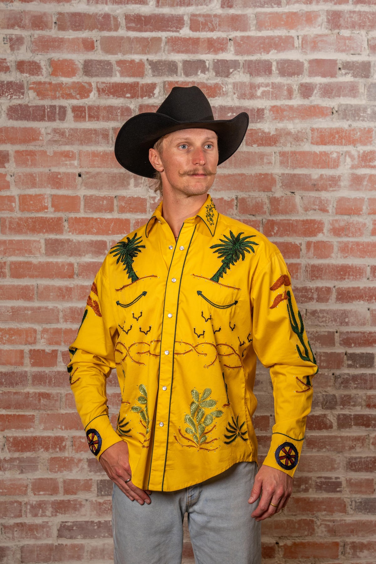 Men's Porter Wagoner Gold Embroidered Western Shirt by Rockmount Ranch Wear in vintage yellow with embroidered cacti