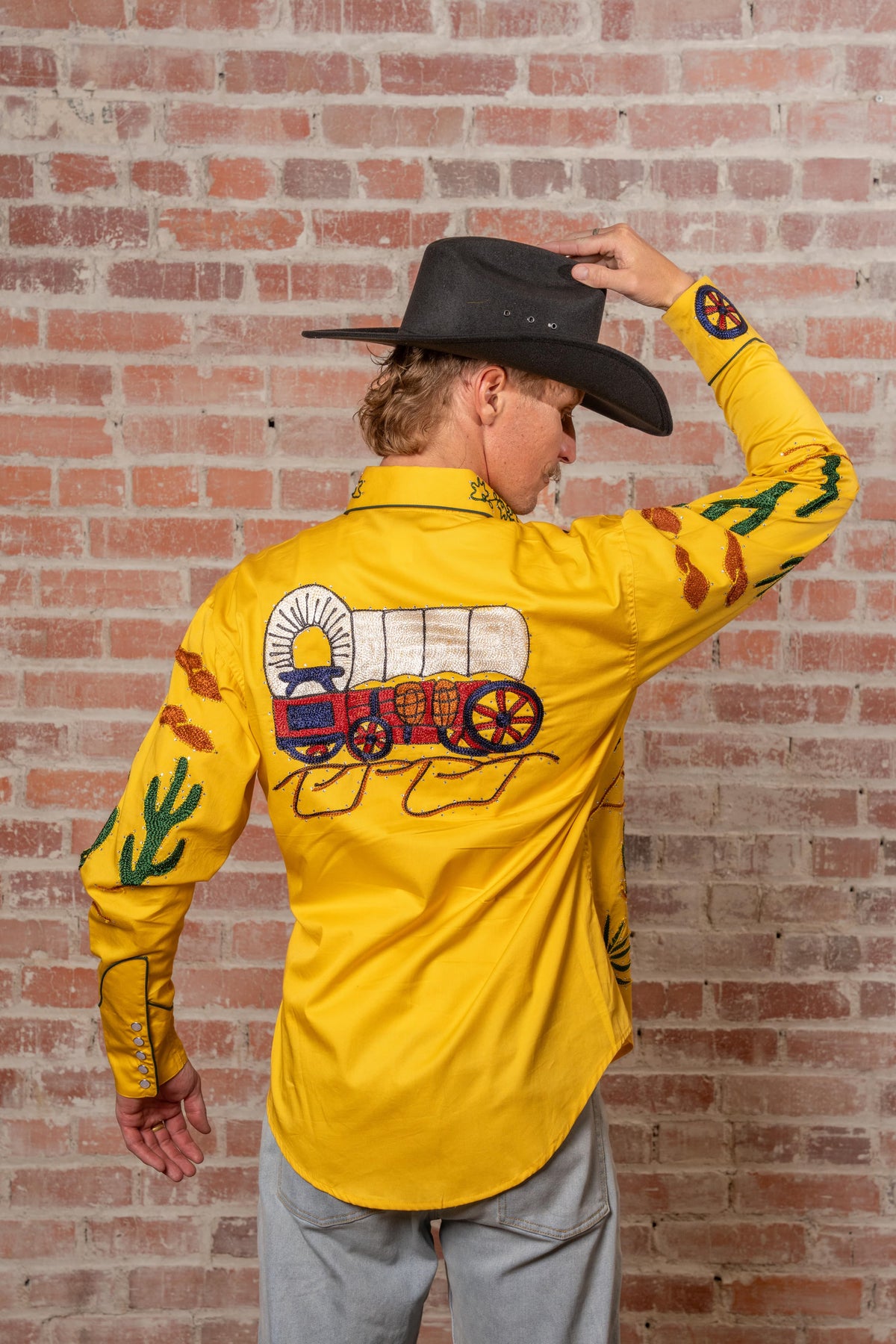 Men's Porter Wagoner Gold Embroidered Western Shirt by Rockmount Ranch Wear, vintage fringe embroidered cacti