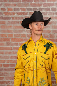 Men's Porter Wagoner Gold Embroidered Western Shirt by Rockmount Ranch Wear, vintage western wear with floral cacti fringe
