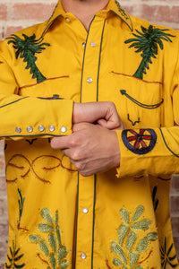 Men's Porter Wagoner Gold Embroidered Western Shirt by Rockmount Ranch Wear, vintage floral fringe cacti snaps