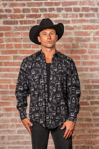 Men's Vintage Black Hat Horse Shoe Card Western Print Rockmount Ranch Wear western shirt with print