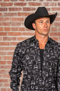 Men's Vintage Black Hat Horse Shoe Card Western Print Rockmount Ranch Wear western shirt in black with snaps