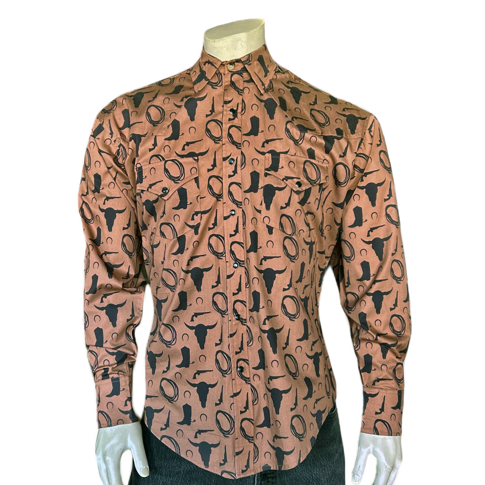 Men's Vintage Brown Lariat Boot Steer Skull Print Western Shirt