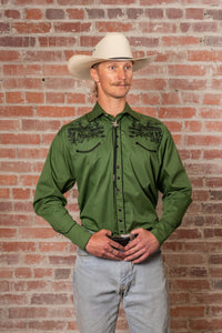 Men's Vintage Green Rider Embroidered Western Shirt by Rockmount Ranch Wear with embroidered front yokes