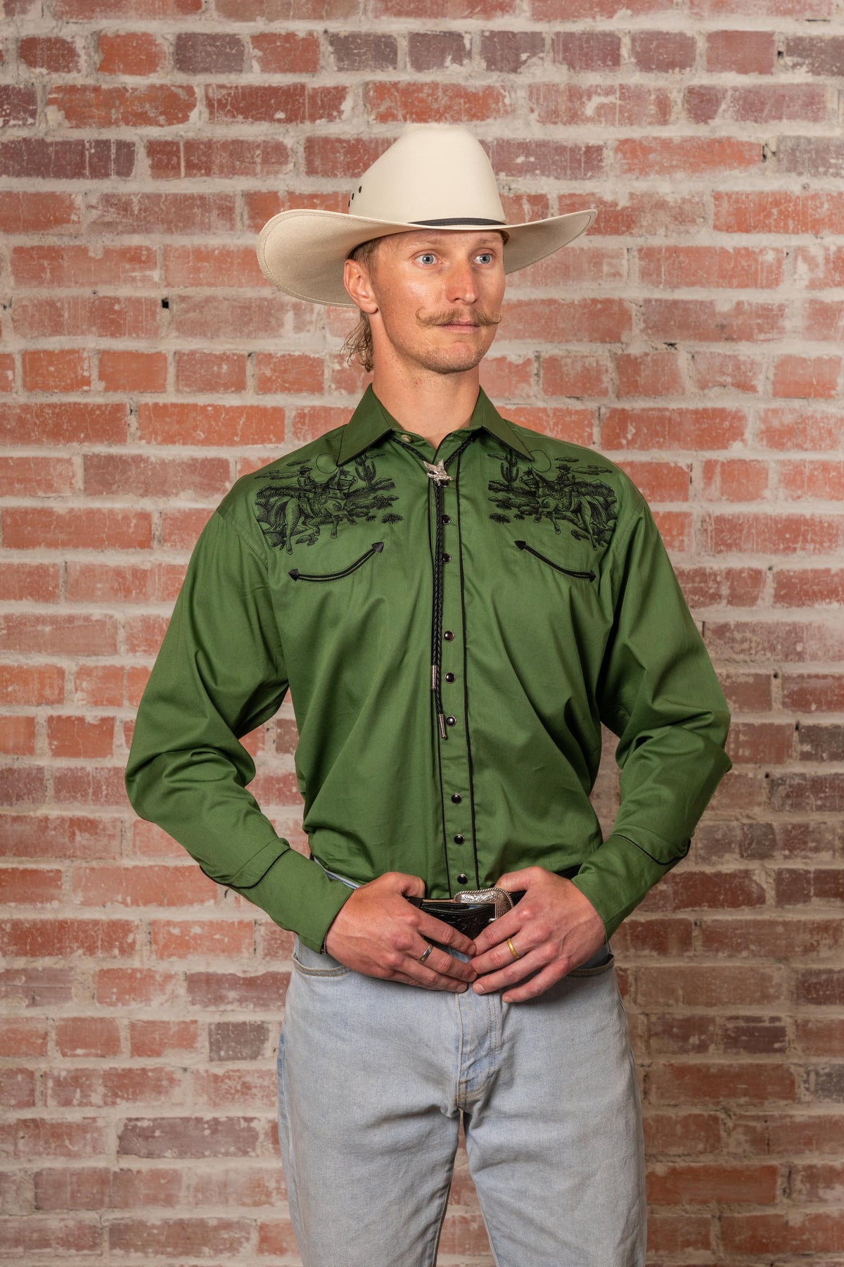 Men's Vintage Green Rider Embroidered Western Shirt by Rockmount Ranch Wear with embroidered front yokes