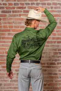 Men's Vintage Green Rider Embroidered Western Shirt by Rockmount Ranch Wear with cactus floral embroidery