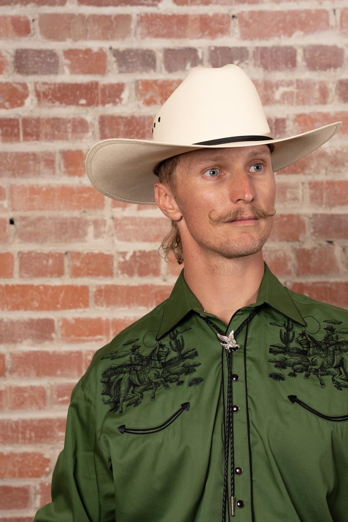 Men's Vintage Green Rider Embroidered Western Shirt by Rockmount Ranch Wear with cactus print and embroidered yokes