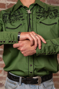 Men's Vintage Green Rider Embroidered Western Shirt by Rockmount Ranch Wear, vintage fringe embroidered floral yoke