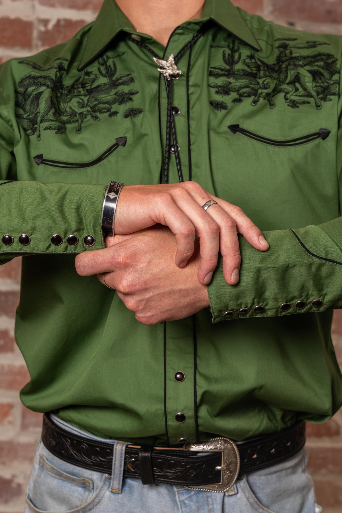 Men's Vintage Green Rider Embroidered Western Shirt by Rockmount Ranch Wear, vintage fringe embroidered floral yoke