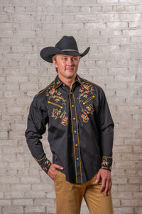 Men's Black Vintage Variegated Floral Embroidered Western Shirt