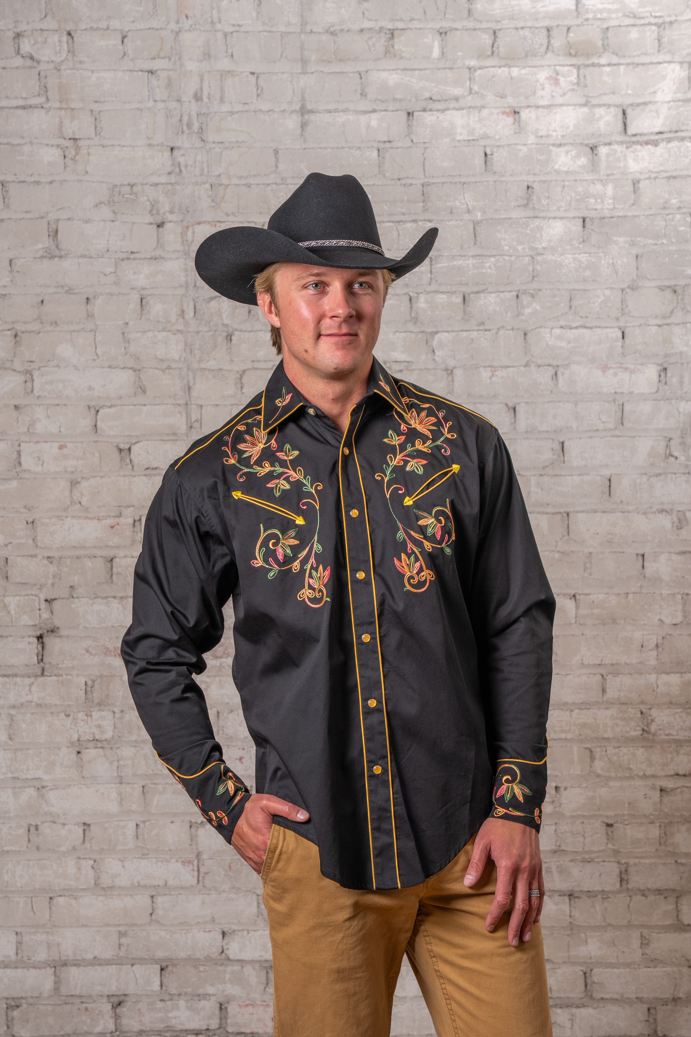 Men's Black Vintage Variegated Floral Embroidered Western Shirt