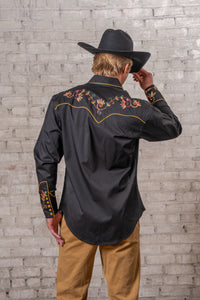 Men's Black Vintage Variegated Floral Embroidered Western Shirt