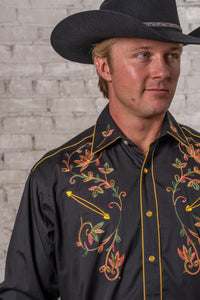 Men's Black Vintage Variegated Floral Embroidered Western Shirt