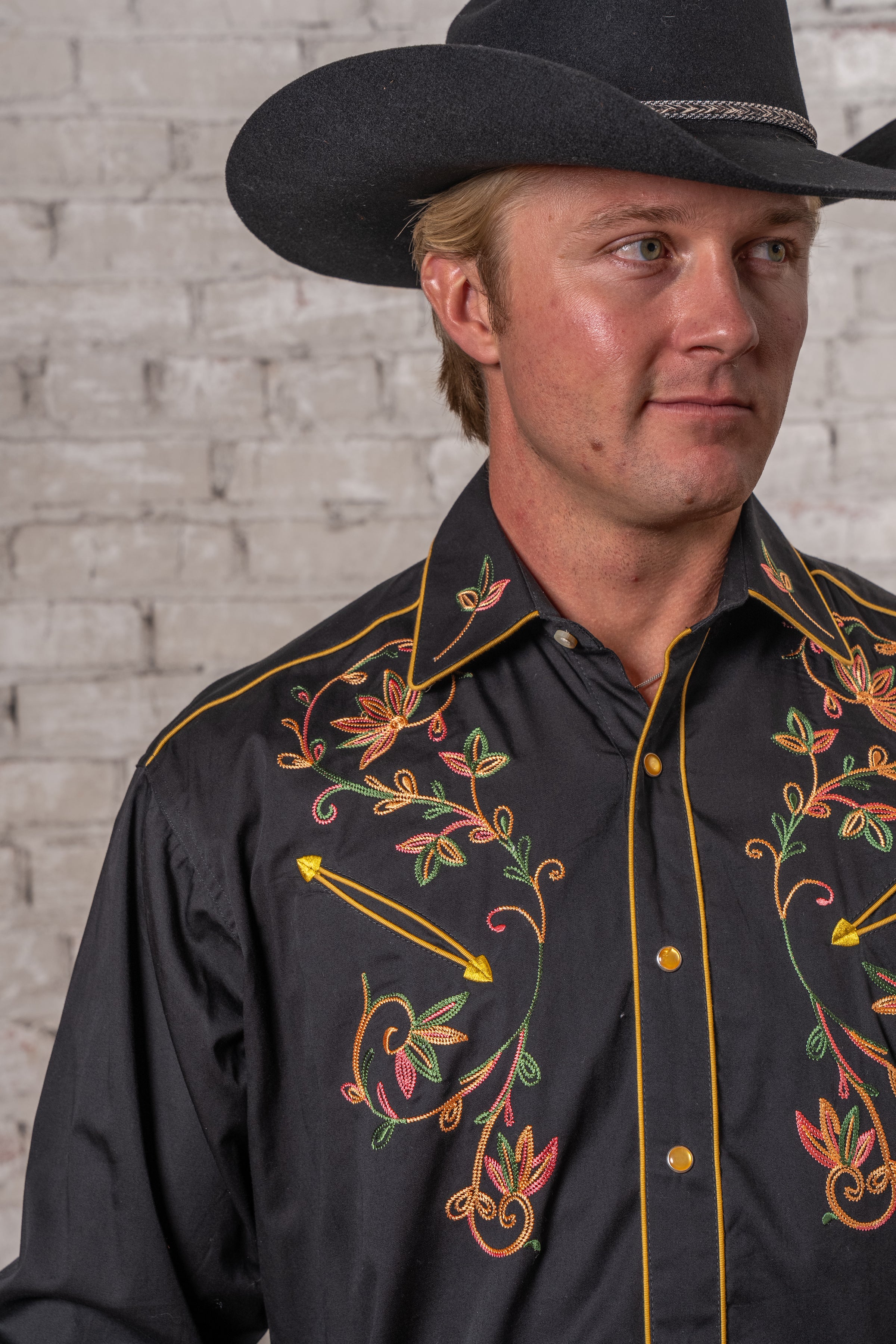 Men's Black Vintage Variegated Floral Embroidered Western Shirt