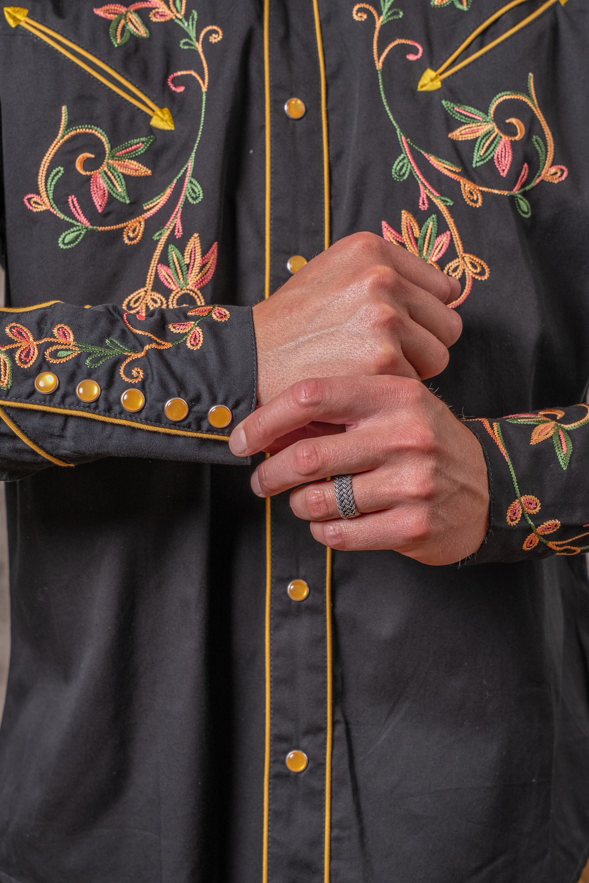 Men's Black Vintage Variegated Floral Embroidered Western Shirt