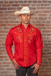 Men's Red Vintage Variegated Floral Embroidered Western Shirt by Rockmount Ranch Wear, vintage floral embroidered western shirt
