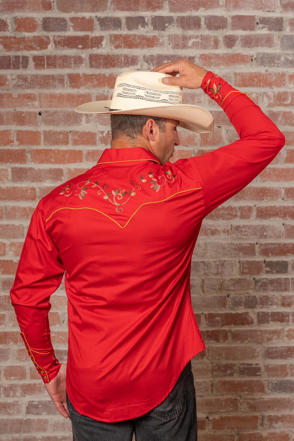 Men's Red Vintage Variegated Floral Embroidered Western Shirt by Rockmount Ranch Wear with embroidered western shirt