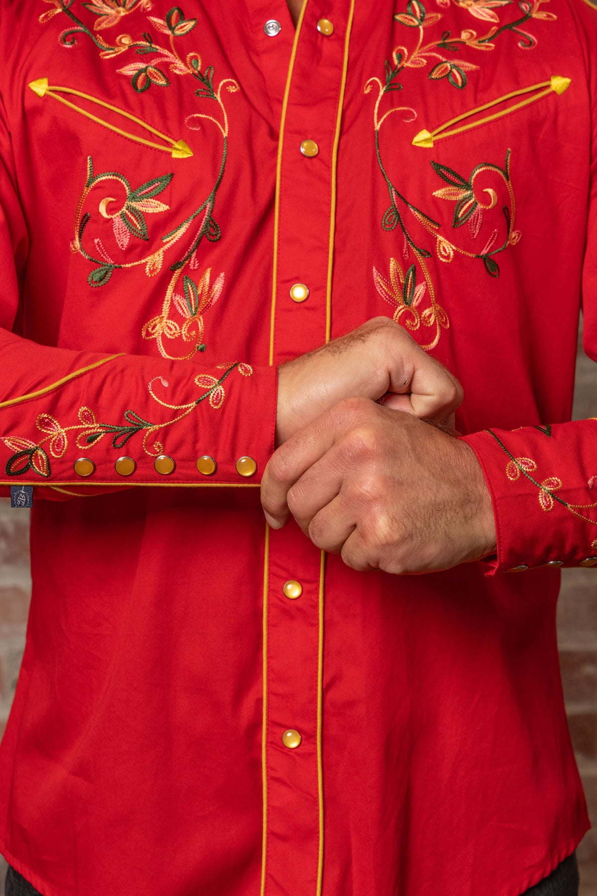 Men's Red Vintage Variegated Floral Embroidered Western Shirt by Rockmount Ranch Wear with snap front and embroidered floral