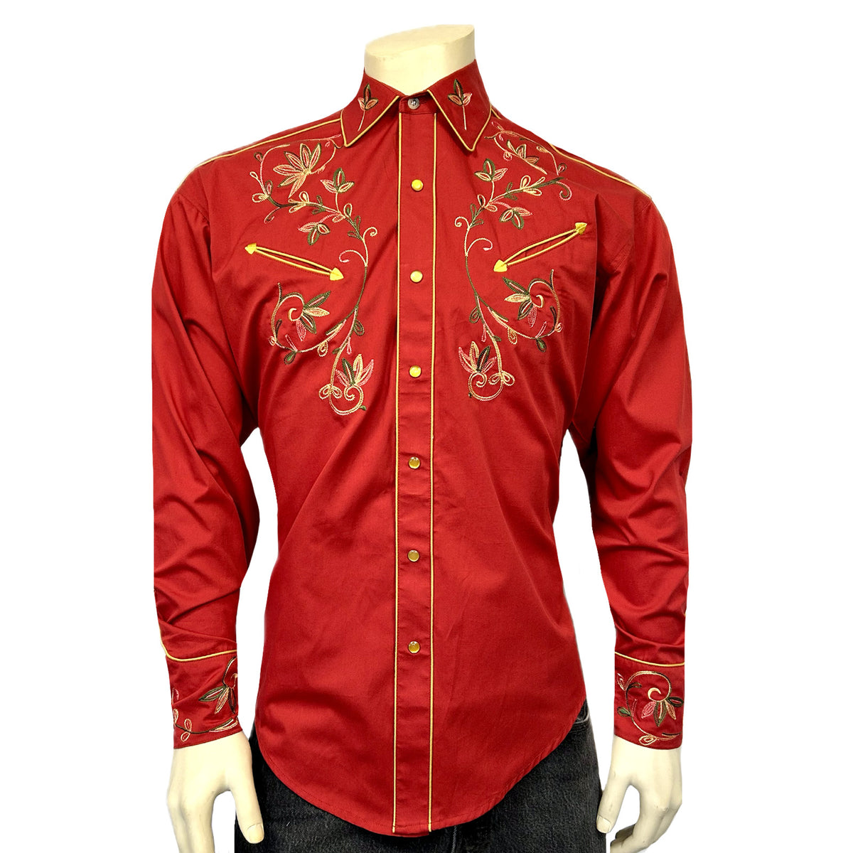 Men's Red Vintage Variegated Floral Embroidered Western Shirt - Rockmount
