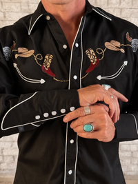 Men's Black Boot, Hat & Skull Embroidered Western Shirt