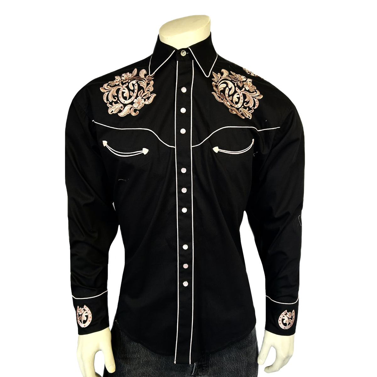 Men's Black with Brown Floral Horseshoe Embroidered Western Shirt - Rockmount
