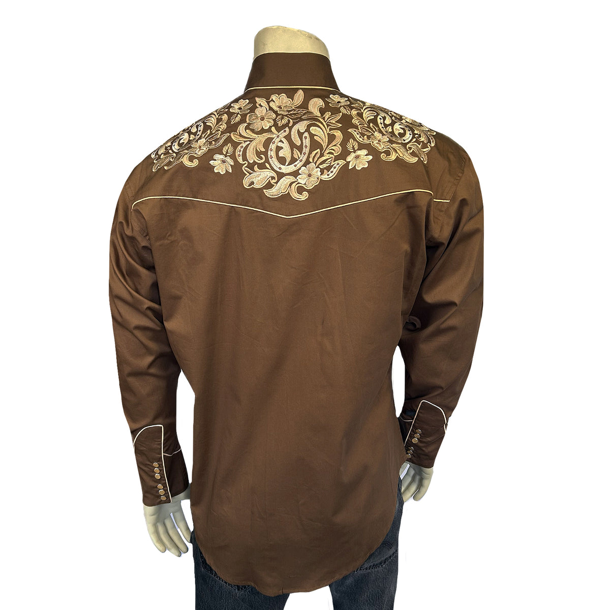 Men's Brown with Tan Floral Horseshoe Embroidered Western Shirt - Rockmount