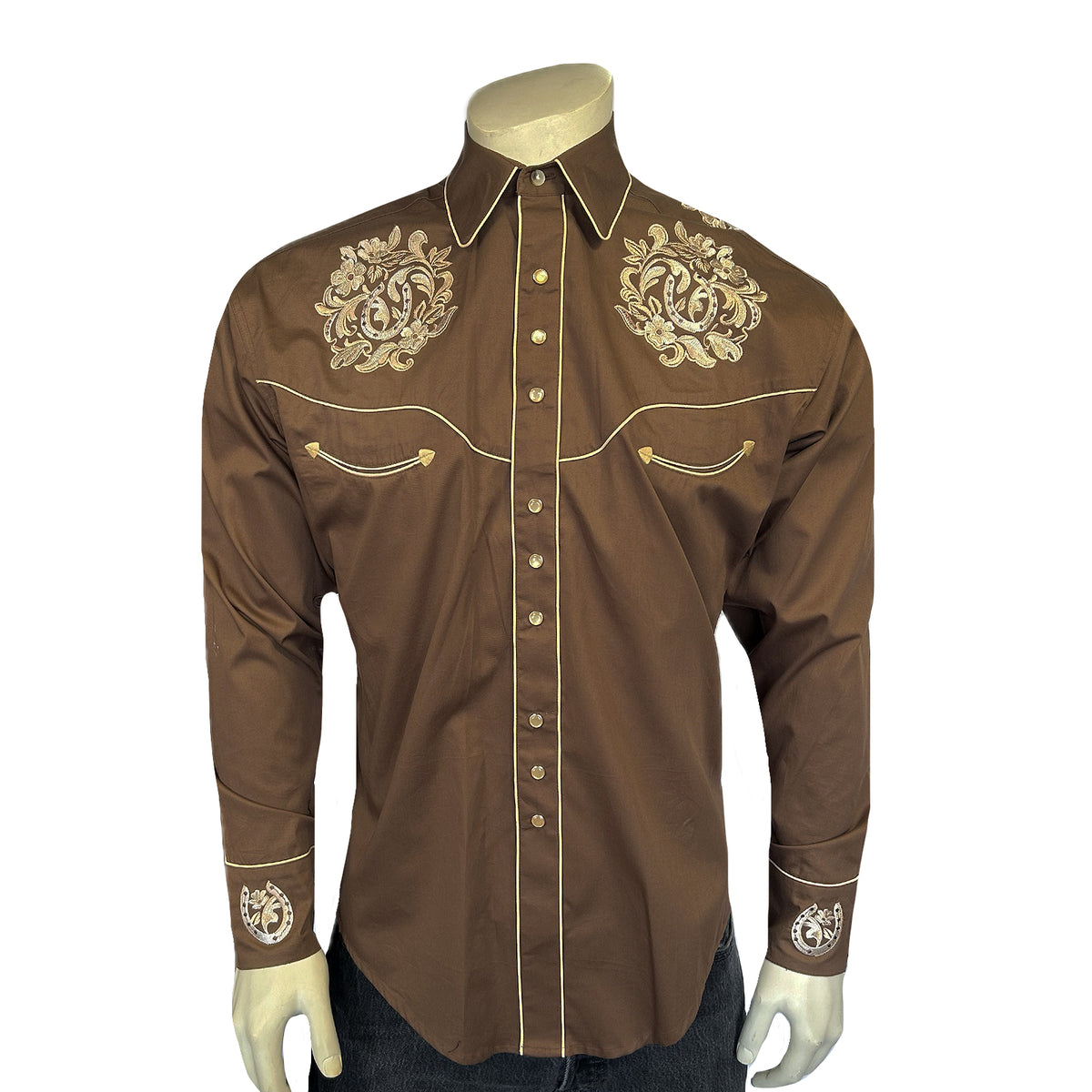 Men's Brown with Tan Floral Horseshoe Embroidered Western Shirt - Rockmount