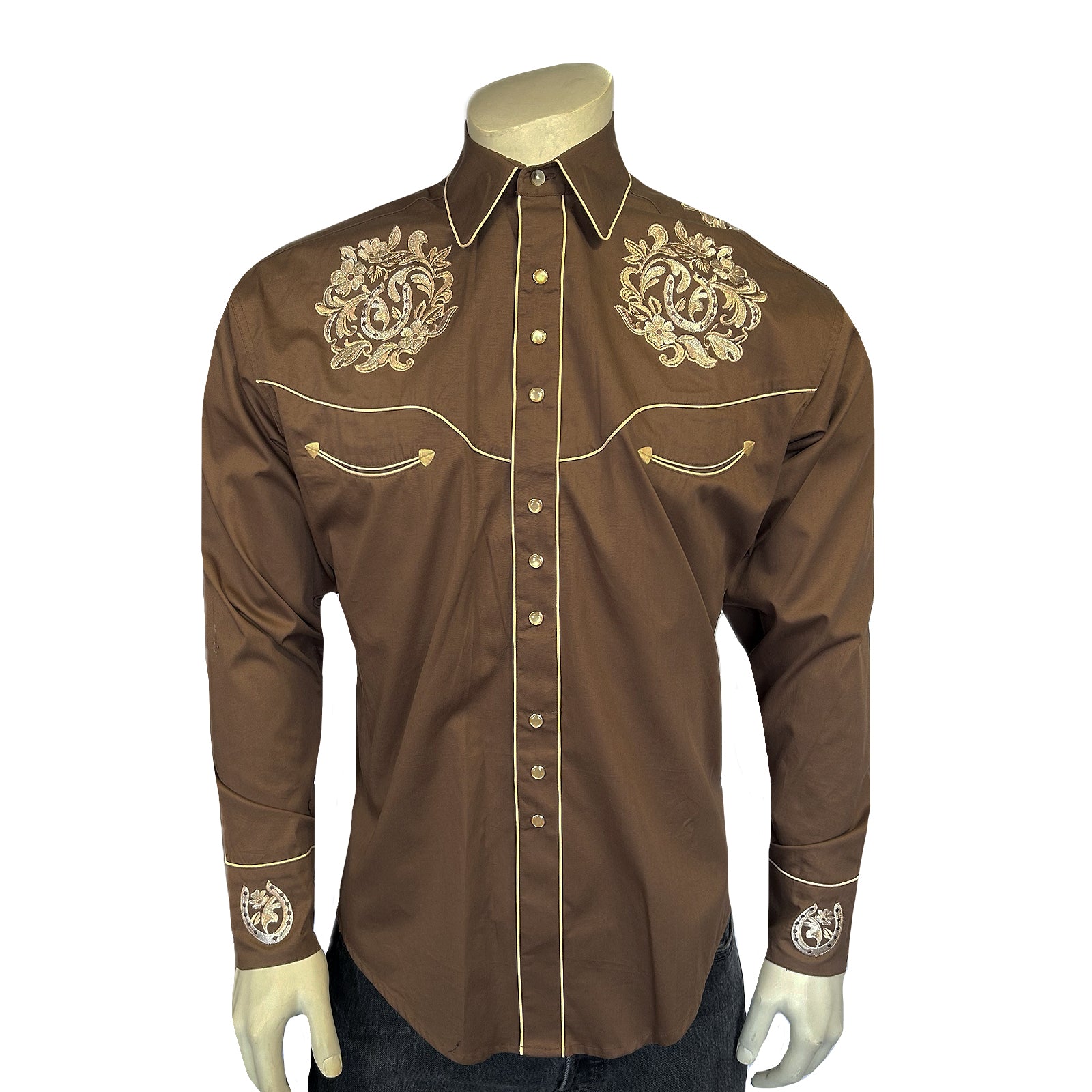 Men's Brown with Tan Floral Horseshoe Embroidered Western Shirt - Rockmount