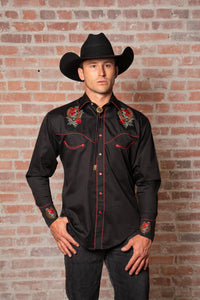 Men's Black Floral & Horseshoe Embroidered Western Shirt