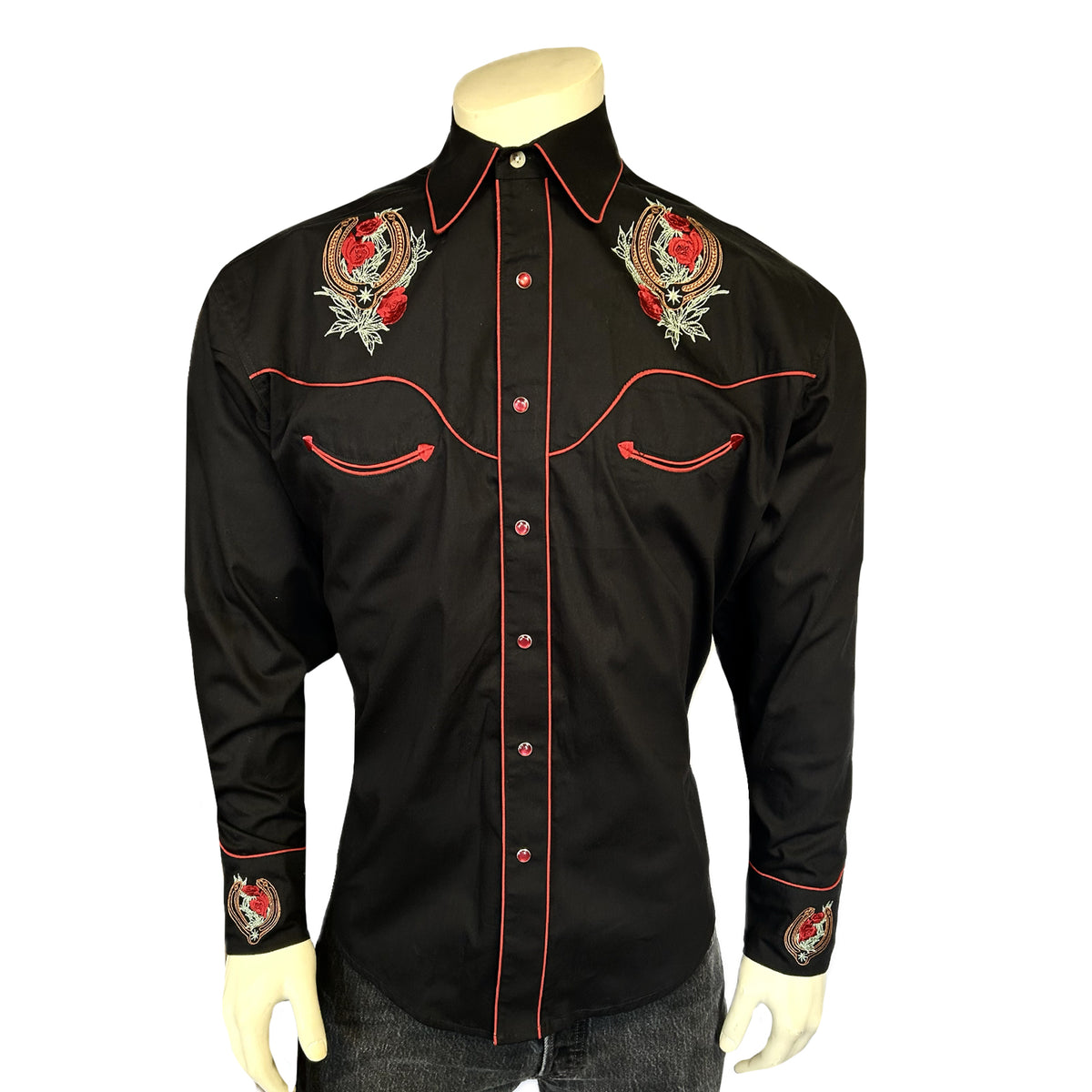 Men's Black Floral & Horseshoe Embroidered Western Shirt - Rockmount