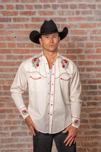 Men's Ivory Floral Horseshoe Embroidery Western Shirt by Rockmount Ranch Wear with fringe and snaps