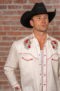 Men's Ivory Floral Horseshoe Embroidery Western Shirt by Rockmount Ranch Wear, red fringe floral embroidery