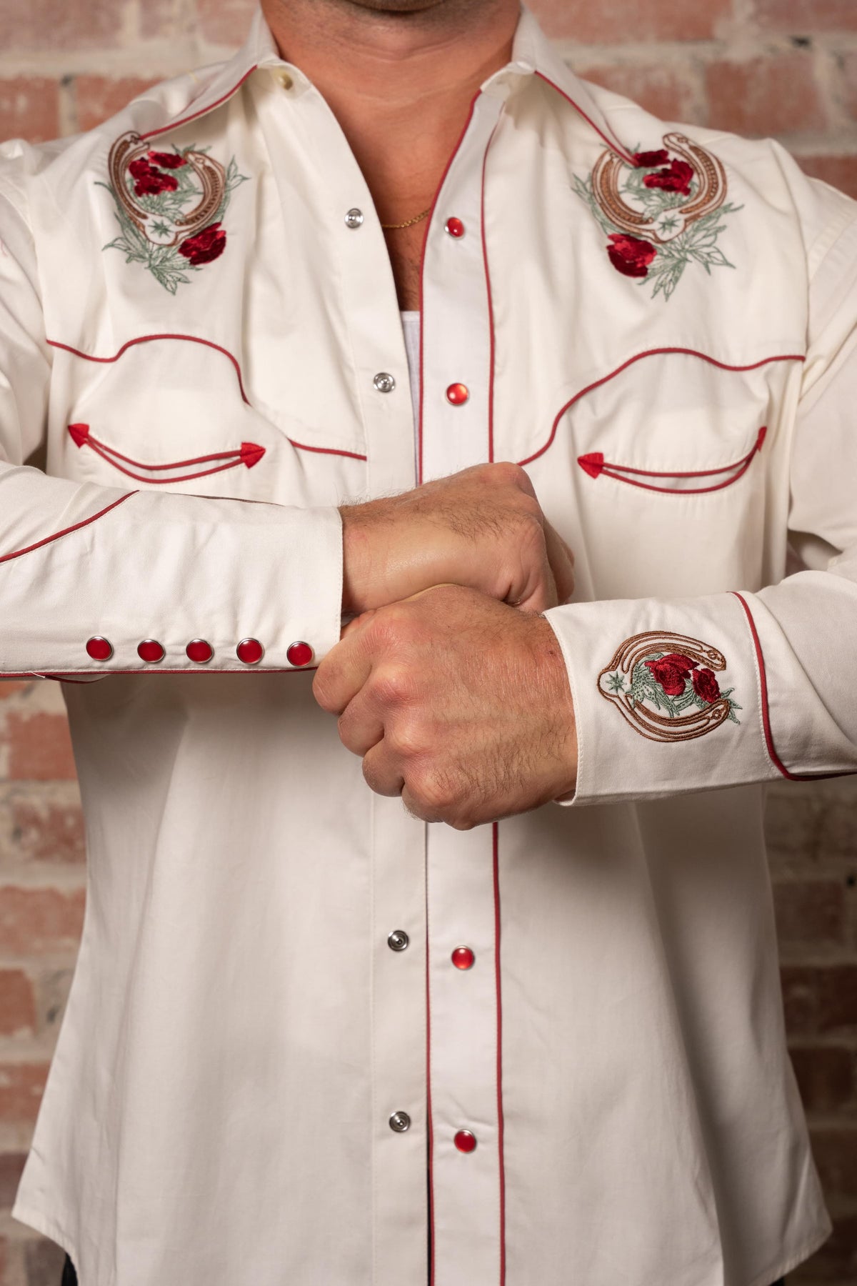 Men's Ivory Floral Horseshoe Embroidery Western Shirt by Rockmount Ranch Wear with embroidered floral snaps