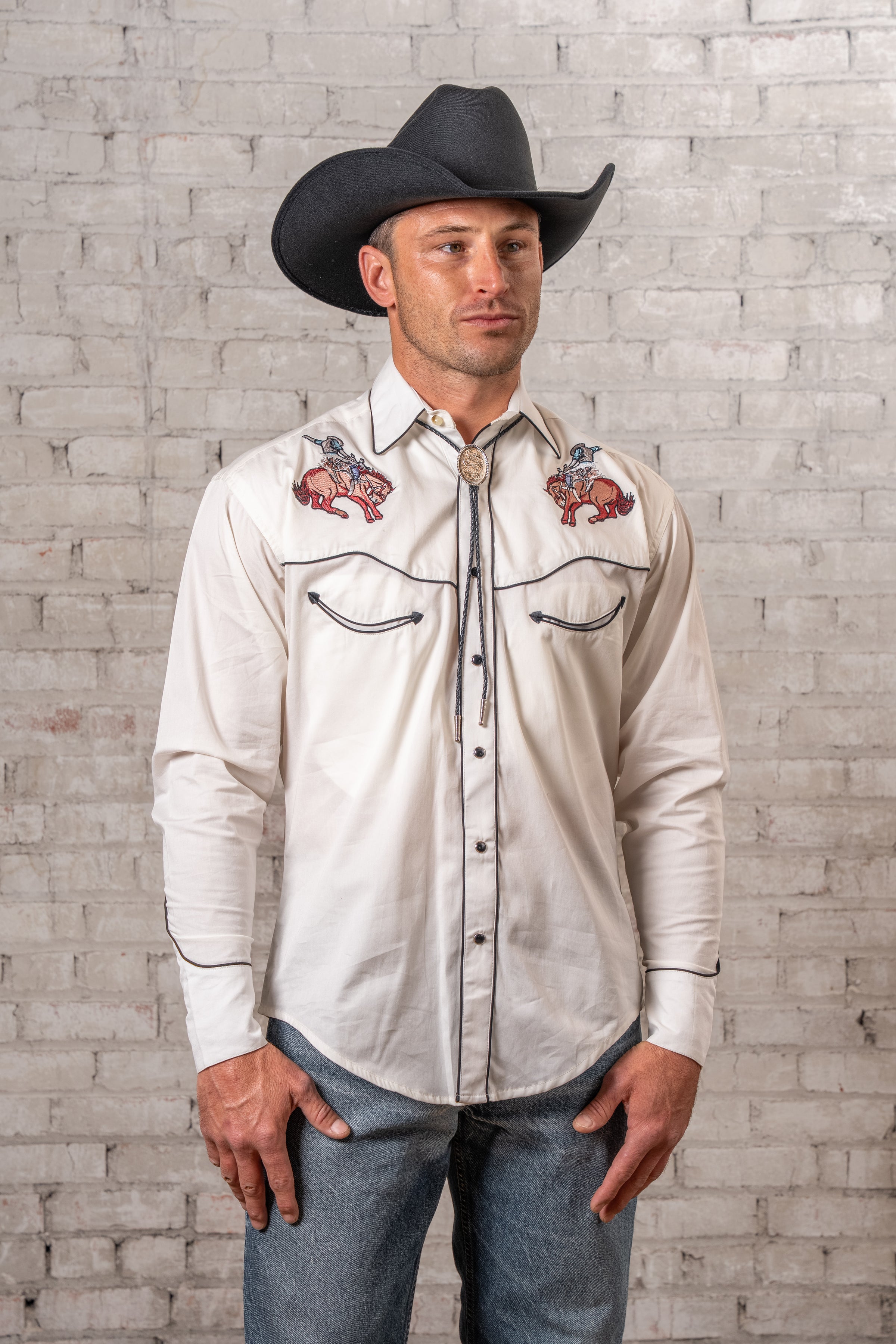 Men's Ivory Iconic Bronc Embroidery Western Shirt